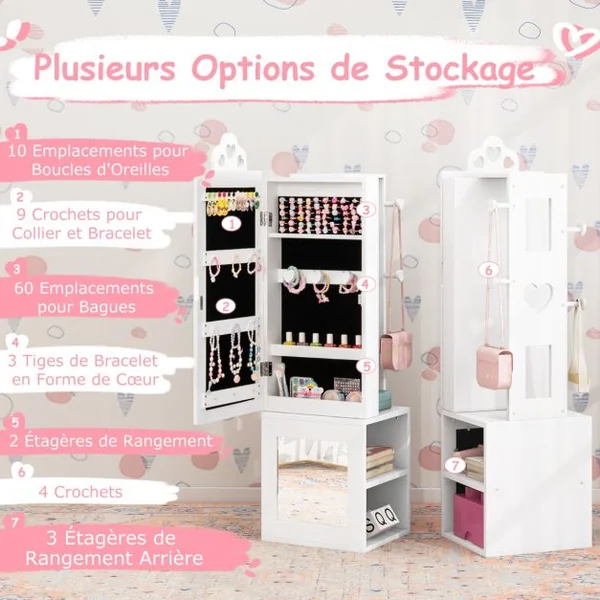 Armoire à Bijoux 3 en 1 avec Miroir Pleine Longueur pour Enfants PortAnt à Vêtements Rangement pour Bijoux avec Crochets Blanc/Rose