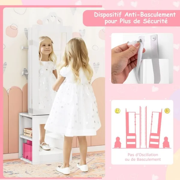 Armoire à Bijoux 3 en 1 avec Miroir Pleine Longueur pour Enfants PortAnt à Vêtements Rangement pour Bijoux avec Crochets Blanc/Rose