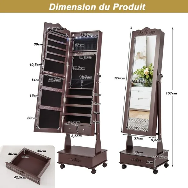 Armoire à Bijoux avec Miroir Pleine Longueur 4 Roues Verrouillables lumières LED et Tiroirs 3 Angles Réglables Blanc/Marron