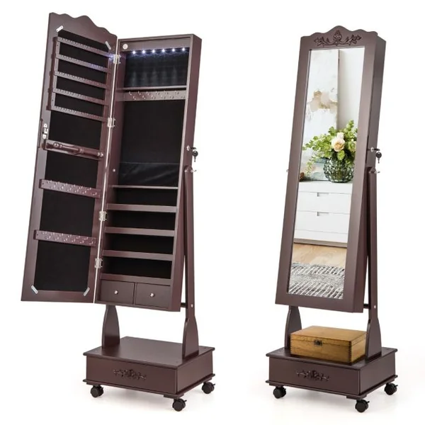 Armoire à Bijoux avec Miroir Pleine Longueur 4 Roues Verrouillables lumières LED et Tiroirs 3 Angles Réglables Blanc/Marron