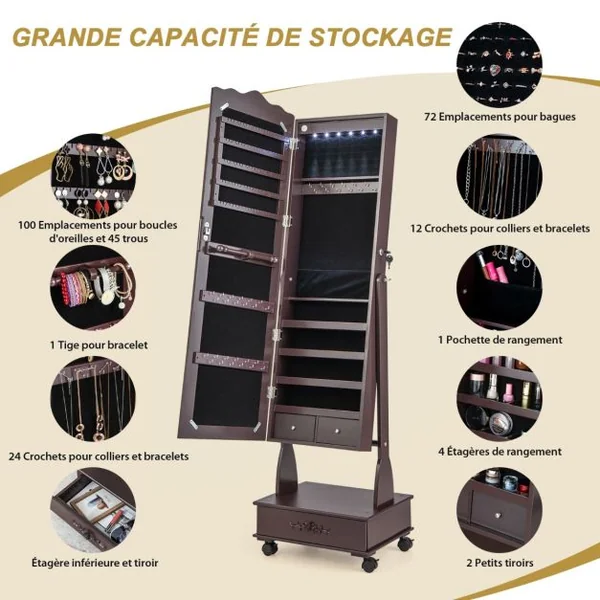 Armoire à Bijoux avec Miroir Pleine Longueur 4 Roues Verrouillables lumières LED et Tiroirs 3 Angles Réglables Blanc/Marron