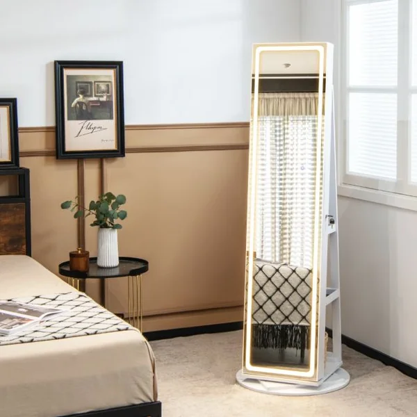 Armoire à Bijoux avec Miroir sur Pieds Pivotant 360° Grand Miroir Psyché Sans Cadre avec LED Verrouillable Placard Beauté 3 Étagères Blanc/Café