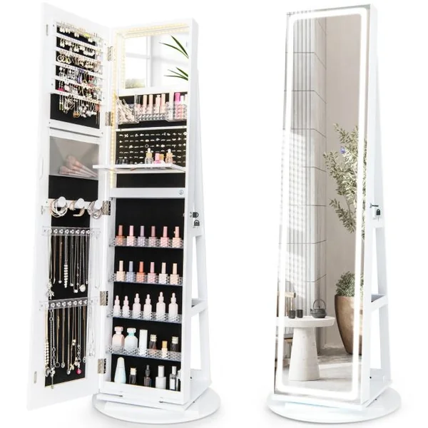 Armoire à Bijoux avec Miroir sur Pieds Pivotant 360° Grand Miroir Psyché Sans Cadre avec LED Verrouillable Placard Beauté 3 Étagères Blanc/Café