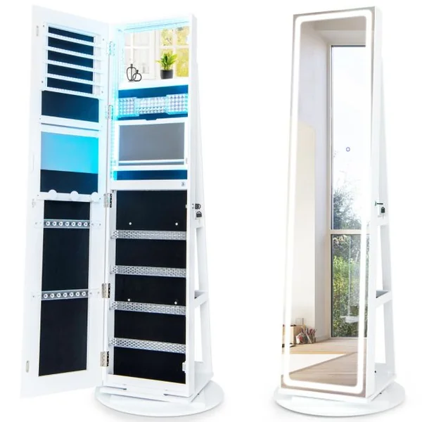 Armoire à Bijoux avec Miroir sur Pieds Pivotant 360° Grand Miroir Psyché Sans Cadre avec LED Verrouillable Placard Beauté 3 Étagères Blanc/Café