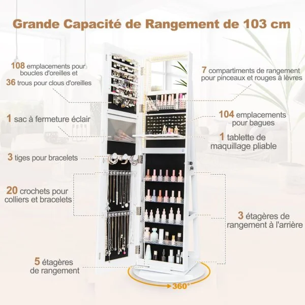 Armoire à Bijoux avec Miroir sur Pieds Pivotant 360° Grand Miroir Psyché Sans Cadre avec LED Verrouillable Placard Beauté 3 Étagères Blanc/Café
