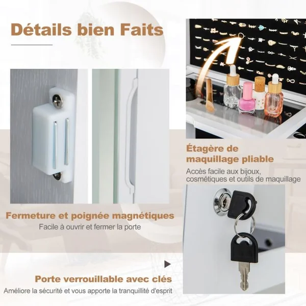 Armoire à Bijoux avec Miroir sur Pieds Pivotant 360° Grand Miroir Psyché Sans Cadre avec LED Verrouillable Placard Beauté 3 Étagères Blanc/Café