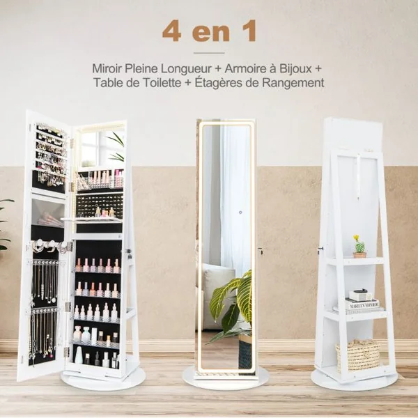 Armoire à Bijoux avec Miroir sur Pieds Pivotant 360° Grand Miroir Psyché Sans Cadre avec LED Verrouillable Placard Beauté 3 Étagères Blanc/Café