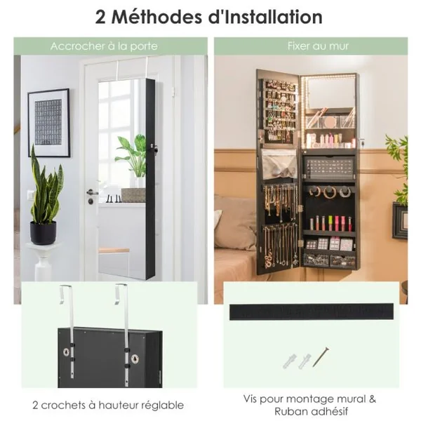 Armoire à Bijoux Murale avec Miroir Pleine Longueur Lumières LED 3 Couleurs Petit miroir intégré 2 Façons d'Utiliser Noir/Blanc