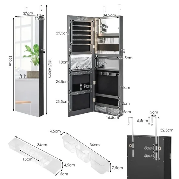Armoire à Bijoux Murale avec Miroir Pleine Longueur Lumières LED 3 Couleurs Petit miroir intégré 2 Façons d'Utiliser Noir/Blanc