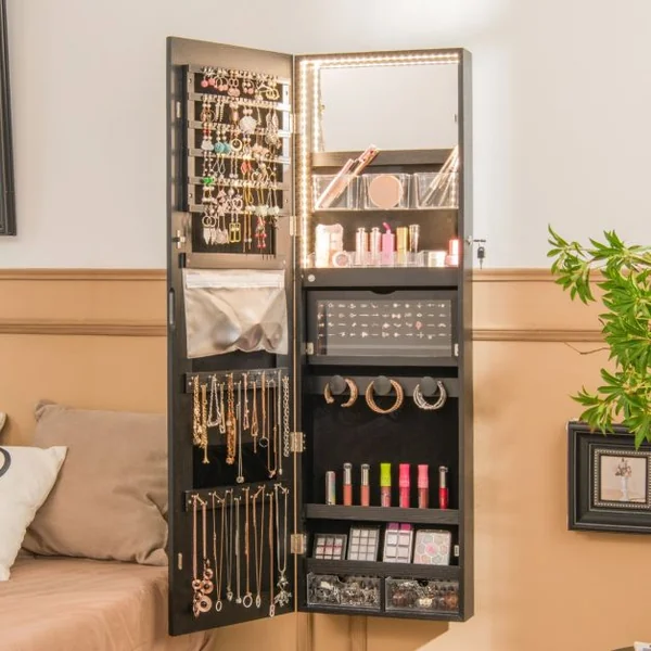 Armoire à Bijoux Murale avec Miroir Pleine Longueur Lumières LED 3 Couleurs Petit miroir intégré 2 Façons d'Utiliser Noir/Blanc