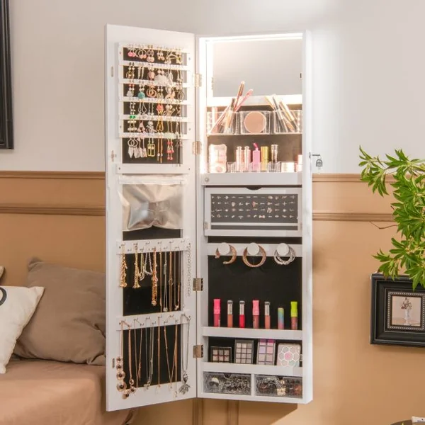 Armoire à Bijoux Murale avec Miroir Pleine Longueur Lumières LED 3 Couleurs Petit miroir intégré 2 Façons d'Utiliser Noir/Blanc