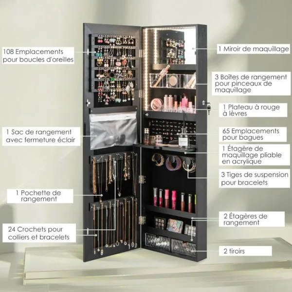 Armoire à Bijoux Murale avec Miroir Pleine Longueur Lumières LED 3 Couleurs Petit miroir intégré 2 Façons d'Utiliser Noir/Blanc