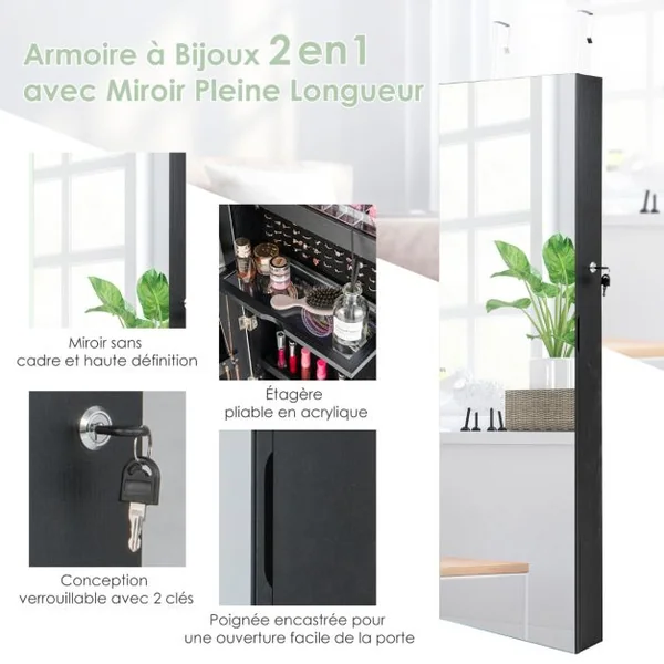 Armoire à Bijoux Murale avec Miroir Pleine Longueur Lumières LED 3 Couleurs Petit miroir intégré 2 Façons d'Utiliser Noir/Blanc