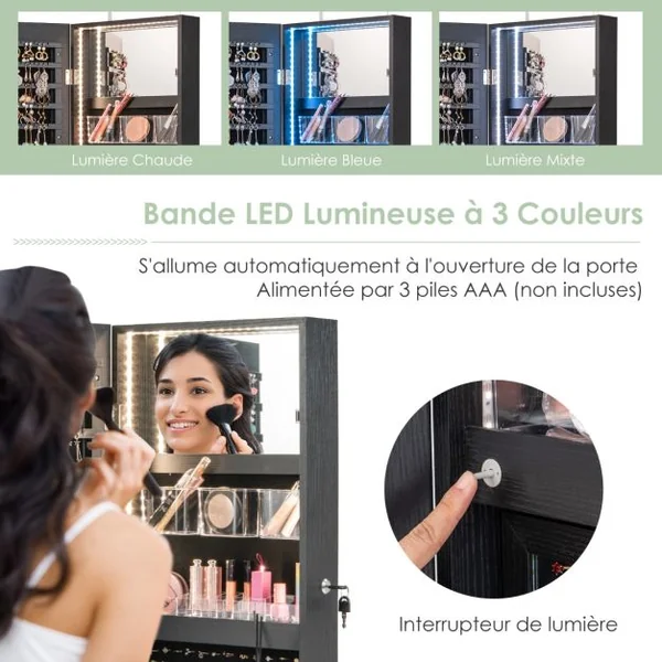 Armoire à Bijoux Murale avec Miroir Pleine Longueur Lumières LED 3 Couleurs Petit miroir intégré 2 Façons d'Utiliser Noir/Blanc