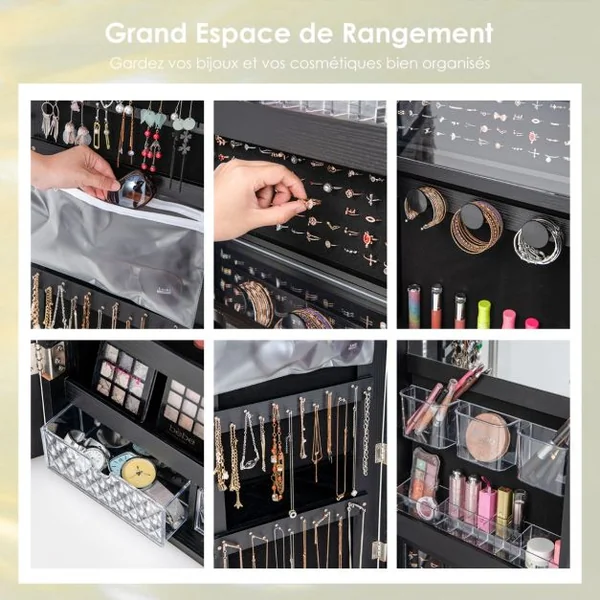 Armoire à Bijoux Murale avec Miroir Pleine Longueur Lumières LED 3 Couleurs Petit miroir intégré 2 Façons d'Utiliser Noir/Blanc