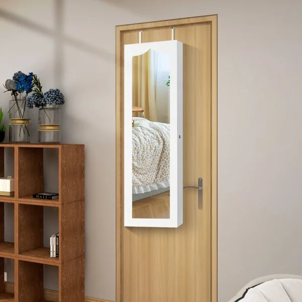 Armoire à Bijoux Murale LED avec Miroir 6 Tiroirs Hauteur du Crochet Ajustable 120x36,5x11,5CM Blanc