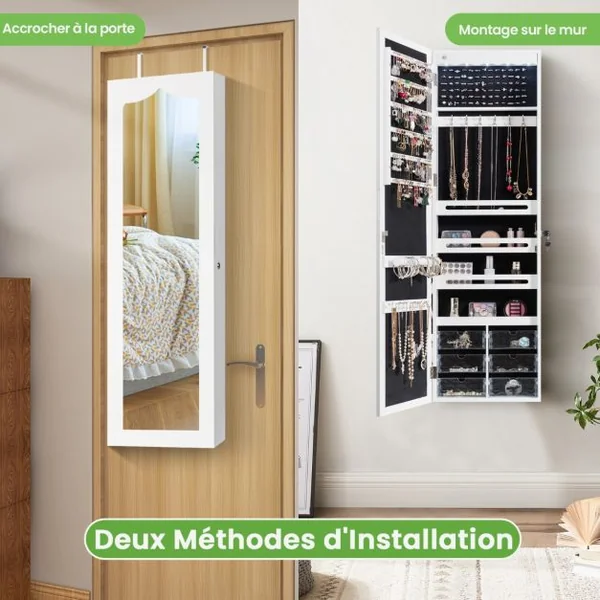 Armoire à Bijoux Murale LED avec Miroir 6 Tiroirs Hauteur du Crochet Ajustable 120x36,5x11,5CM Blanc