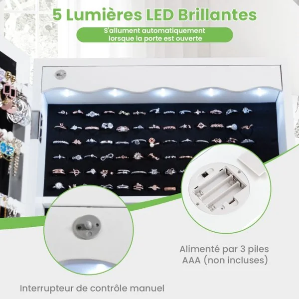 Armoire à Bijoux Murale LED avec Miroir 6 Tiroirs Hauteur du Crochet Ajustable 120x36,5x11,5CM Blanc