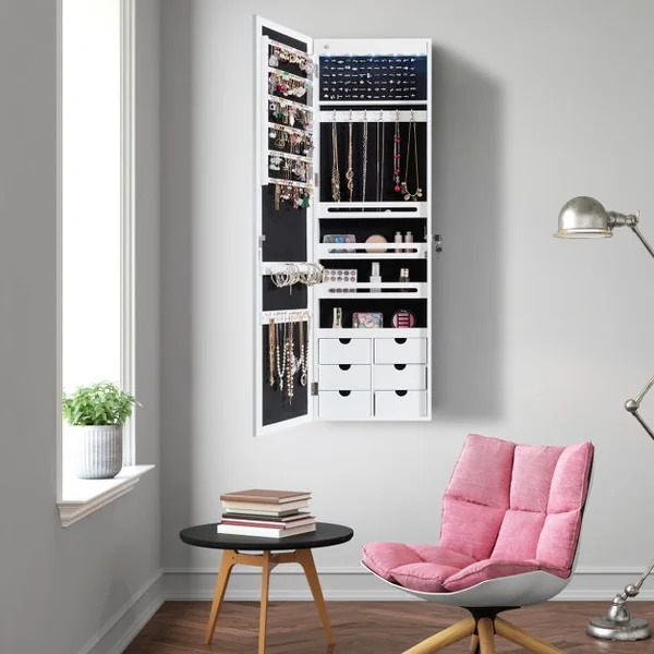 Armoire à Bijoux Murale LED avec Miroir 6 Tiroirs Hauteur du Crochet Ajustable 120x36,5x11,5CM Blanc/Marron/Noir/Rose/Vert