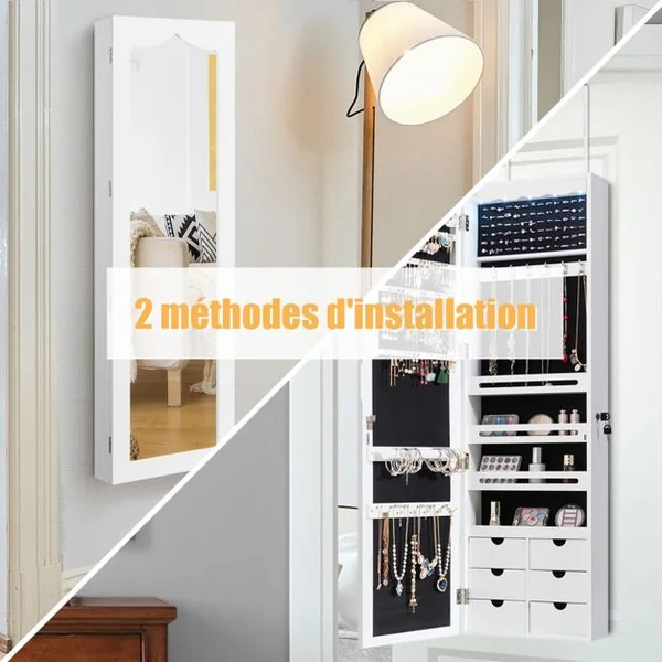 Armoire à Bijoux Murale LED avec Miroir 6 Tiroirs Hauteur du Crochet Ajustable 120x36,5x11,5CM Blanc/Marron/Noir/Rose/Vert