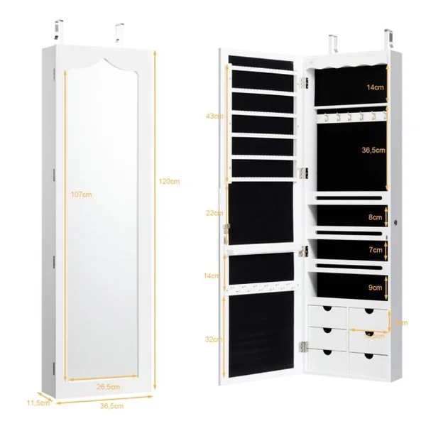 Armoire à Bijoux Murale LED avec Miroir 6 Tiroirs Hauteur du Crochet Ajustable 120x36,5x11,5CM Blanc/Marron/Noir/Rose/Vert