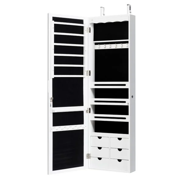 Armoire à Bijoux Murale LED avec Miroir 6 Tiroirs Hauteur du Crochet Ajustable 120x36,5x11,5CM Blanc/Marron/Noir/Rose/Vert