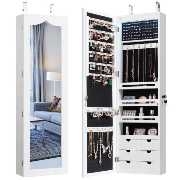 Armoire à Bijoux Murale LED avec Miroir 6 Tiroirs Hauteur du Crochet Ajustable 120x36,5x11,5CM Blanc/Marron/Noir/Rose/Vert
