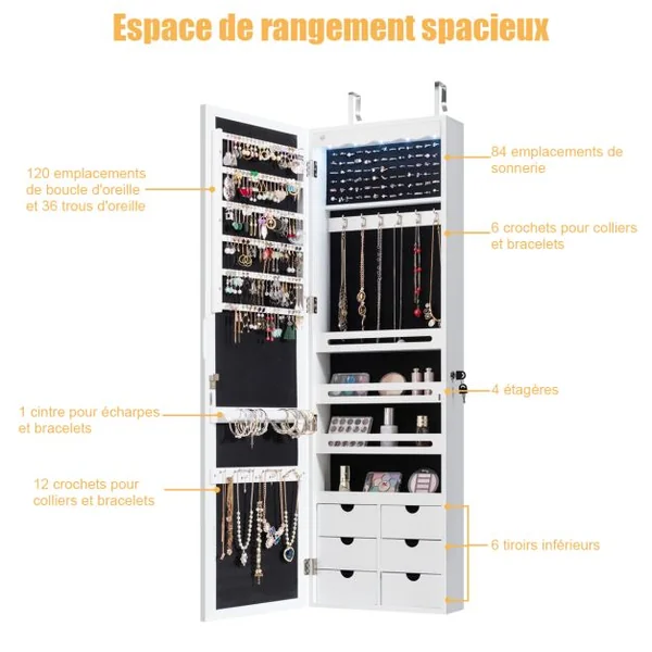 Armoire à Bijoux Murale LED avec Miroir 6 Tiroirs Hauteur du Crochet Ajustable 120x36,5x11,5CM Blanc/Marron/Noir/Rose/Vert