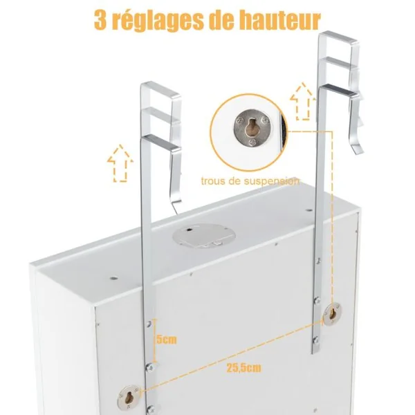 Armoire à Bijoux Murale LED avec Miroir 6 Tiroirs Hauteur du Crochet Ajustable 120x36,5x11,5CM Blanc/Marron/Noir/Rose/Vert