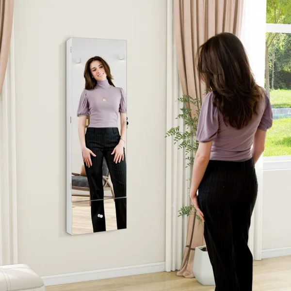 Armoire à Bijoux Murale Miroir Pleine Longueur Lumières LED 3 Couleurs Miroir Intérieur Porte Verrouillable Blanc