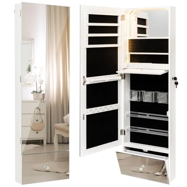 Armoire à Bijoux Murale Miroir Pleine Longueur Lumières LED 3 Couleurs Miroir Intérieur Porte Verrouillable Blanc