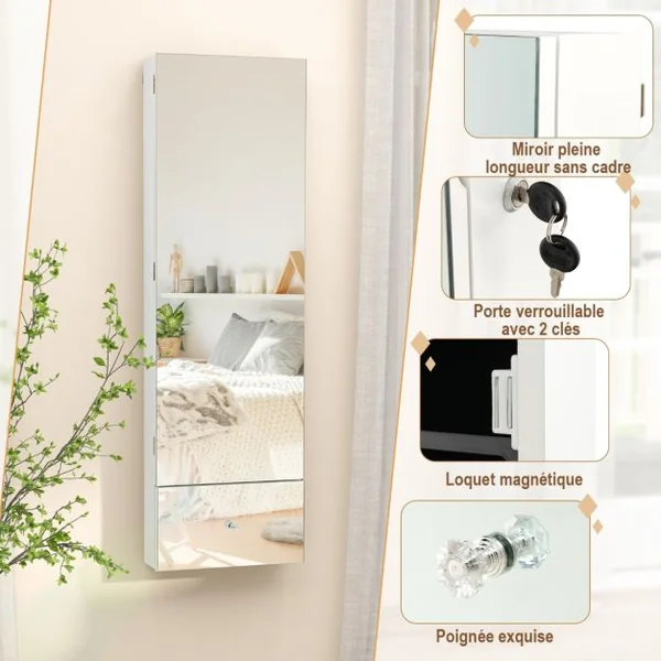 Armoire à Bijoux Murale Miroir Pleine Longueur Lumières LED 3 Couleurs Miroir Intérieur Porte Verrouillable Blanc