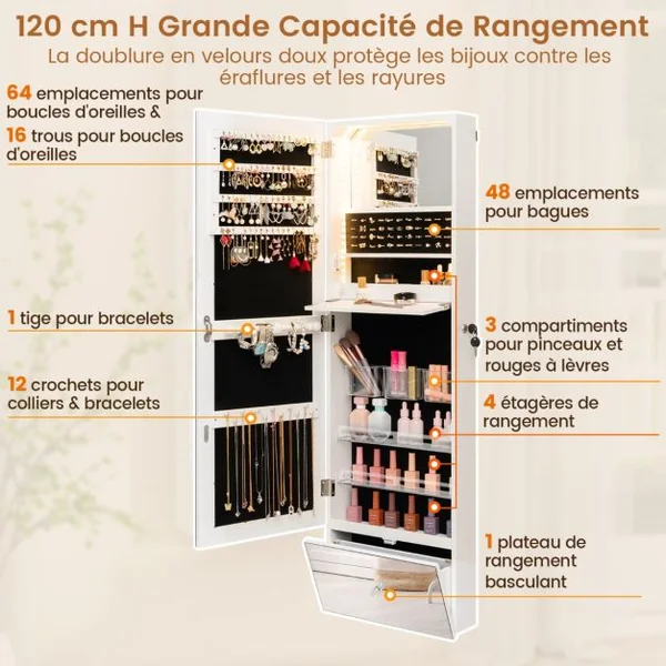 Armoire à Bijoux Murale Miroir Pleine Longueur Lumières LED 3 Couleurs Miroir Intérieur Porte Verrouillable Blanc