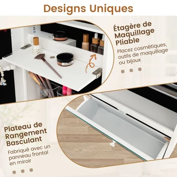 Armoire à Bijoux Murale Miroir Pleine Longueur Lumières LED 3 Couleurs Miroir Intérieur Porte Verrouillable Blanc