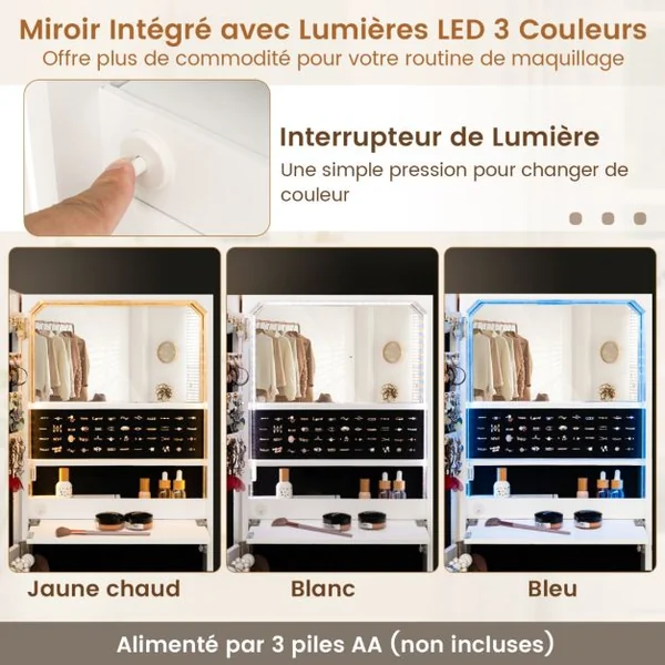 Armoire à Bijoux Murale Miroir Pleine Longueur Lumières LED 3 Couleurs Miroir Intérieur Porte Verrouillable Blanc