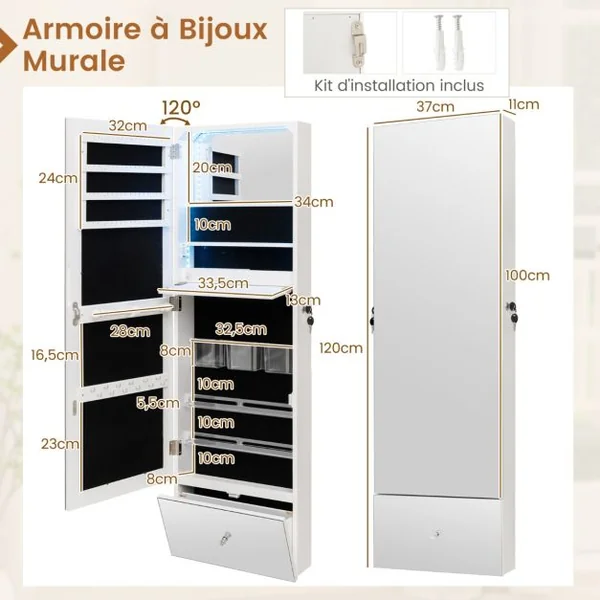 Armoire à Bijoux Murale Miroir Pleine Longueur Lumières LED 3 Couleurs Miroir Intérieur Porte Verrouillable Blanc