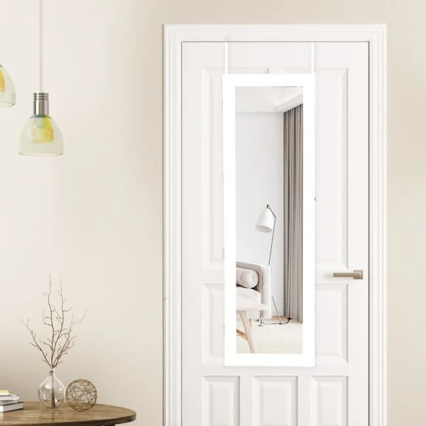 Armoire à Bijoux Murale/Suspendue avec Miroir 12 LED Intégrées Porte Verrouillable avec 2 Clés 37 × 9 × 119 CM Blanc/Noir/Marron