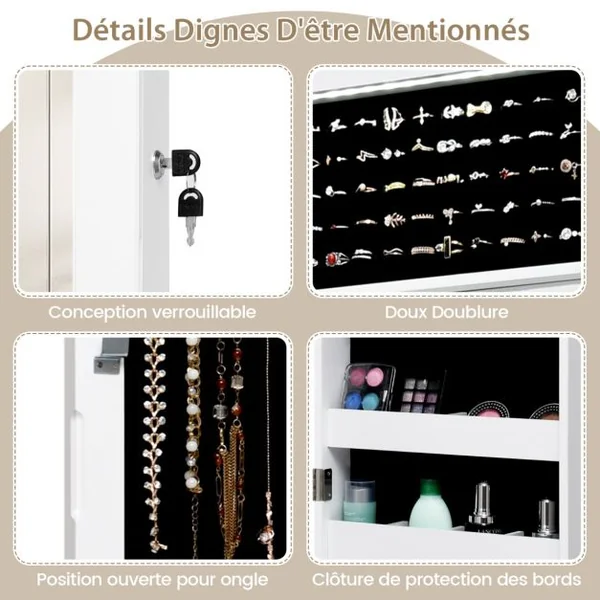 Armoire à Bijoux Murale/Suspendue avec Miroir 12 LED Intégrées Porte Verrouillable avec 2 Clés 37 × 9 × 119 CM Blanc/Noir/Marron