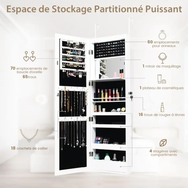 Armoire à Bijoux Murale/Suspendue avec Miroir 12 LED Intégrées Porte Verrouillable avec 2 Clés 37 × 9 × 119 CM Blanc/Noir/Marron