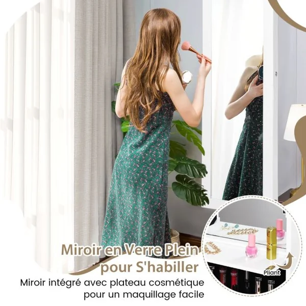 Armoire à Bijoux Murale/Suspendue avec Miroir 12 LED Intégrées Porte Verrouillable avec 2 Clés 37 × 9 × 119 CM Blanc/Noir/Marron