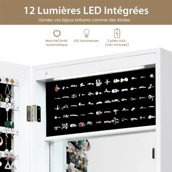 Armoire à Bijoux Murale/Suspendue avec Miroir 12 LED Intégrées Porte Verrouillable avec 2 Clés 37 × 9 × 119 CM Blanc/Noir/Marron