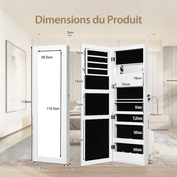 Armoire à Bijoux Murale/Suspendue avec Miroir 12 LED Intégrées Porte Verrouillable avec 2 Clés 37 × 9 × 119 CM Blanc/Noir/Marron