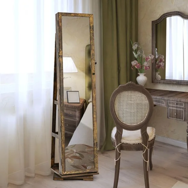 Armoire à Bijoux Pivotante à 360 Degrés avec Grand Miroir Psyché et Etagère de Rangement à L’Arrière 10 Couleurs au Choix