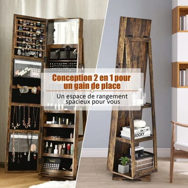 Armoire à Bijoux Pivotante à 360 Degrés avec Grand Miroir Psyché et Etagère de Rangement à L’Arrière 10 Couleurs au Choix