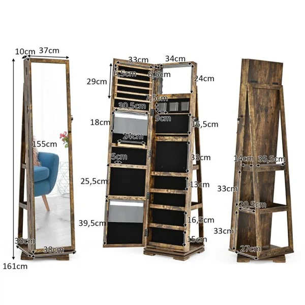 Armoire à Bijoux Pivotante à 360 Degrés avec Grand Miroir Psyché et Etagère de Rangement à L’Arrière 10 Couleurs au Choix