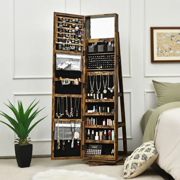 Armoire à Bijoux Pivotante à 360 Degrés avec Grand Miroir Psyché et Etagère de Rangement à L’Arrière 10 Couleurs au Choix