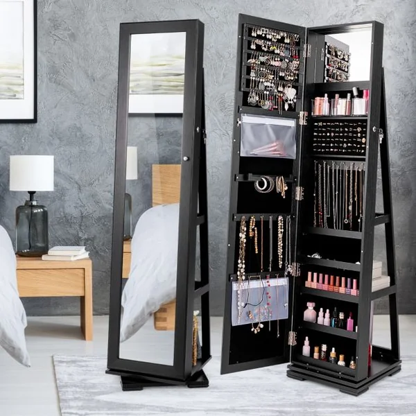 Armoire à Bijoux Pivotante à 360 Degrés avec Grand Miroir Psyché et Etagère de Rangement à L’Arrière 10 Couleurs au Choix