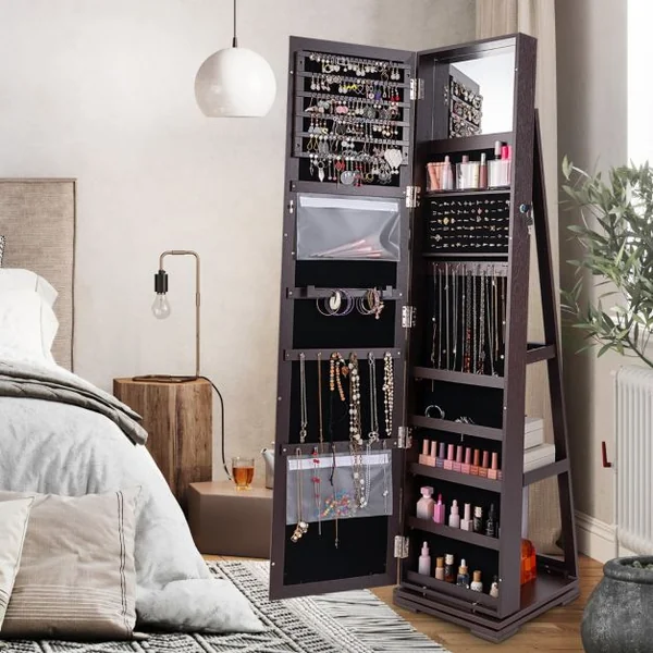 Armoire à Bijoux Pivotante à 360 Degrés avec Grand Miroir Psyché et Etagère de Rangement à L’Arrière 10 Couleurs au Choix