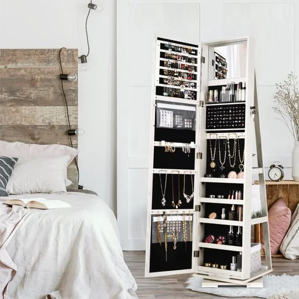Armoire à Bijoux Pivotante à 360 Degrés avec Grand Miroir Psyché et Etagère de Rangement à L’Arrière 10 Couleurs au Choix