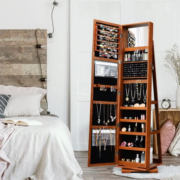 Armoire à Bijoux Pivotante à 360 Degrés avec Grand Miroir Psyché et Etagère de Rangement à L’Arrière 10 Couleurs au Choix